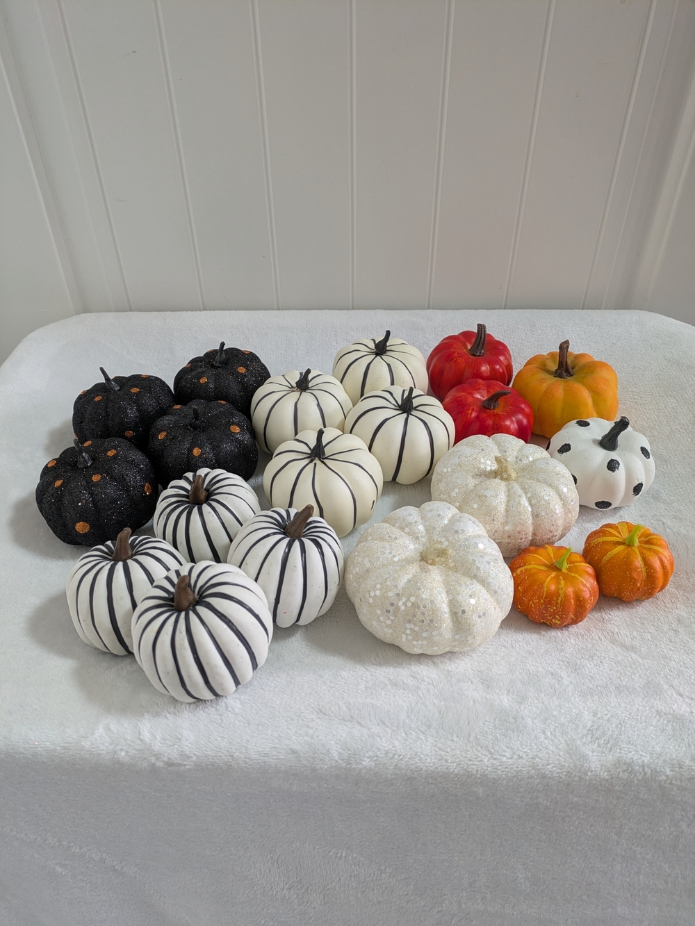 Assorted Decorative Pumpkins - White, Black, Orange